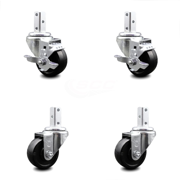 3 Inch Soft Rubber Wheel Swivel 7/8 Inch Square Stem Caster Brakes SCC, 2PK